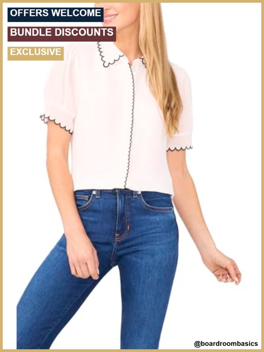 Women's Short Sleeve Scallop Trim Button Up Blouse, Contrast Trim, Collared Neck